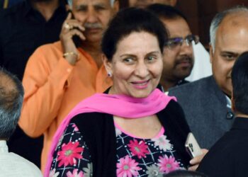New Delhi, March 03(ANI): Union Minister of State for Finance Anurag Singh, AAP MP Bhagwant Mann and Congress MP Preneet Kaur leave after attend the Budget Session of Parliament in New Delhi on Monday. (ANI Photo)