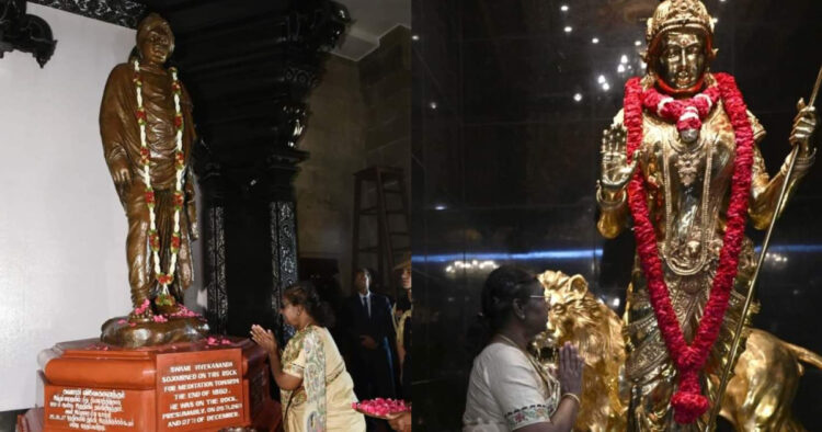 കന്യാകുമാരി വിവേകാനന്ദ സ്മാരകത്തിൽ സ്വാമി വിവേകാന്ദനും-ഭാരതാംബയ്ക്കും  രാഷ്ട്രപതി ശ്രീമതി ദ്രൗപതി മുർമ്മു പ്രണാമം അർപ്പിക്കുന്നു..