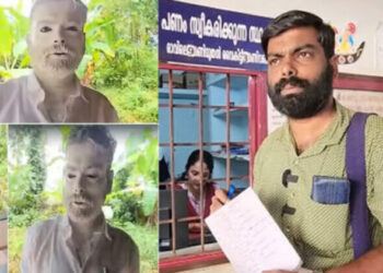 Image :

(1) A whitened protester Renjit (2) Renjit at Electricity Board cash counter after paying the coins of Rs 7,000