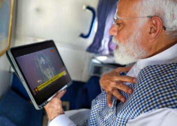 Nalbari, Apr 17 (ANI): Prime Minister Narendra Modi watches the Surya Tilak of Lord Ram Lalla at Ayodhya's Ram Janmabhoomi Temple on the occasion of Ram Navami, on Wednesday. (ANI Photo)
